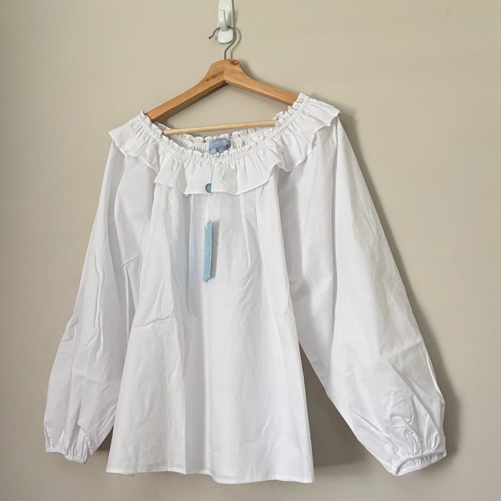 Hill House White Poplin Off-Shoulder Ruffled Parachute Sleeve Top - Picture 2 of 13